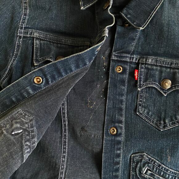 Girls Levi’s Denim Jean Trucker Jacket Hand Embellished Stretch Dark Wash Sz M - Picture 8 of 10